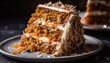 Layered slice of homemade carrot cake with whipped cream icing generated by AI