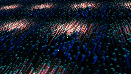 Poster - Abstract volumetric bars on a black background. Animation. 3D blue and green segments with round light flares.