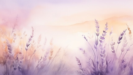 Wall Mural - watercolor lavender background with a copy space, delicate soft pastel shade illustration greeting blank