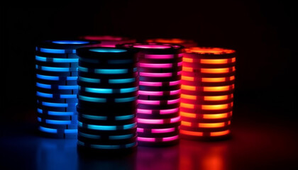 Sticker - Multi colored equipment in a row, glowing celebration at casino party generated by AI