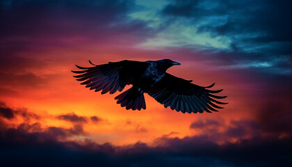 Wall Mural - Majestic hawk spreads wings in multi colored twilight sky generated by AI