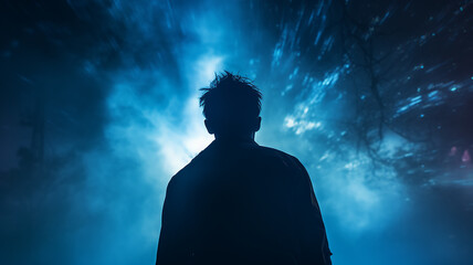 Wall Mural - silhouette of a guy, a man view from the back against a background of blue fog and rays of light, a fictional character computer graphics