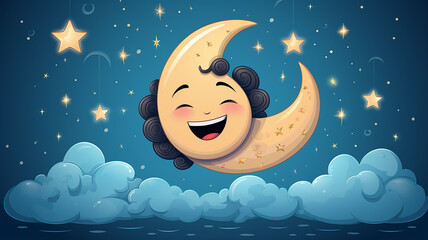 Wall Mural - cartoon crescent moon on a blue sky background, art character, good night children