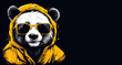 Panda in a yellow hoodie and glasses. Skate panda character. Black background with space for text