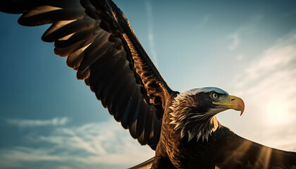 Wall Mural - Majestic bald eagle spreads wings in tranquil sunset, symbolizing freedom generated by AI