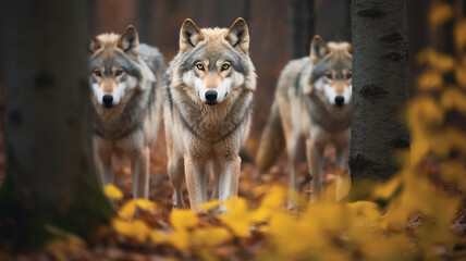  a pack of wolves in the autumn forest , frontal view of wildlife, predators hunting, fear of the attack of wild animals