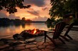 Serene lakeside campfire at sunset with cozy Adirondack chairs