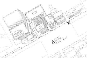Aufkleber - 3D illustration of abstract architectural building top view perspective design. A line art imaginative drawing of a modern urban building