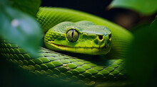 Green Snake On A Branch, Close-up Of Green Tree Snake Between Leaves