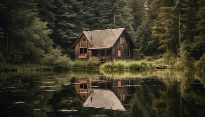 Poster - Rustic log cabin nestled in tranquil mountain landscape by pond generated by AI