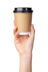 Wall Mural - Hand holds coffee paper cup on isolated background.