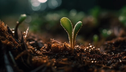 Poster - New life sprouts from wet dirt, beauty in nature growth generated by AI