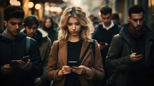 Woman and crowd of people is walking by the street and checking their smartphones at the same time in a busy city.