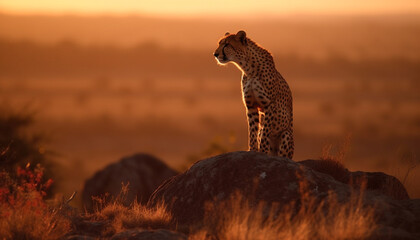 Canvas Print - African cheetah watching sunset, majestic beauty in nature tranquility generated by AI