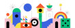 © Dedraw Studio - Abstract colorful geometric city landscape concept illustration. Creative modern geometry shapes with fun icon and bauhaus style decoration element. Contemporary art mosaic.