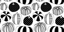 Black And White Halloween Pumpkin Seamless Pattern Illustration. Fall Season Harvest Vegetable Background Print For October Holiday Celebration Or Thanksgiving Event. Decorative Hand Drawn Texture.	
