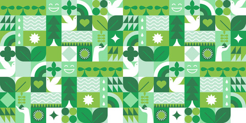 Green eco friendly symbol mosaic seamless pattern illustration with nature abstract shapes. Fresh organic concept background print. Minimalist environment shape texture, geometry collage.	
