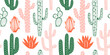 Hand drawn cactus plant doodle seamless pattern. Vintage style cartoon cacti houseplant background. Nature desert flora texture, mexican garden print. Natural interior graphic decoration wallpaper.	
