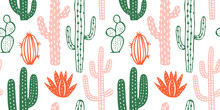 Hand Drawn Cactus Plant Doodle Seamless Pattern. Vintage Style Cartoon Cacti Houseplant Background. Nature Desert Flora Texture, Mexican Garden Print. Natural Interior Graphic Decoration Wallpaper.	
