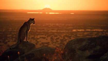 Canvas Print - Cheetah sitting in grass, watching sunset on African savannah generated by AI