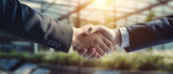 handshake between engineering graduates, with a technology campus and innovative projects in the background, in a futuristic achievement 