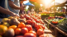 Defocused Scene Of A Customer At A Local Farmers' Market, With Fresh Produce And Friendly Vendors, In A Community Market Style ,sunny
