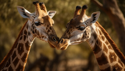 Wall Mural - Giraffe family standing in the wilderness, looking at camera closely generated by AI