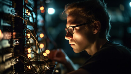 Wall Mural - Young adult Caucasian male engineer working with technology indoors at night generated by AI