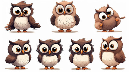 Wall Mural - collection of cute cartoon owls on a white background set