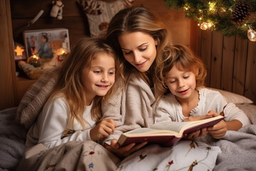 Loving young mother and small children rest on winter holidays at home reading book together. Caring happy mom relax with teen kids on New Year vacation enjoy literature. Family weekend