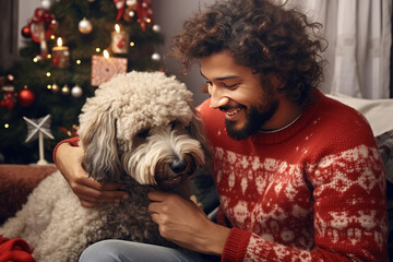  Caucasian middle age father in blue sweater is bonding with his mixed race daughter and adorable poodle at home. Its Christmas time and home is decorated