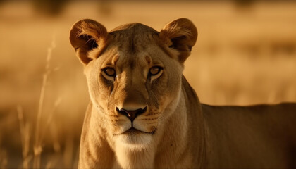 Wall Mural - Majestic lioness walking in the savannah, staring with alertness generated by AI