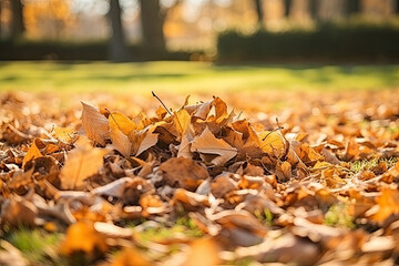 Wall Mural - The heap of dry leaves on green grass in the park