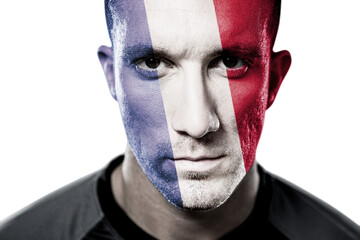 Poster - Digital png photo of caucasian man with face painted with france flag on transparent background