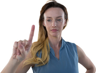 Poster - Digital png photo of focused caucasian woman looking at finger pointing up on transparent background