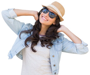 Poster - Digital png photo of happy biracial woman with hands behind head on transparent background