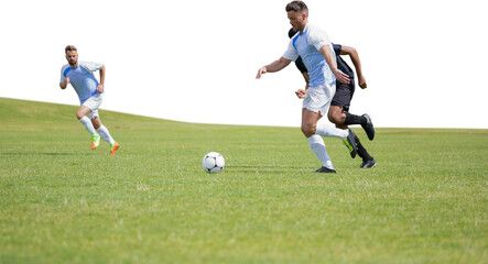 Wall Mural - Digital png photo of diverse male footballers playing on sunny court on transparent background