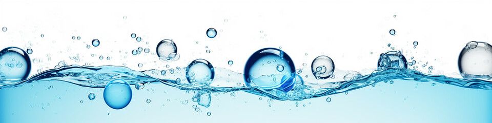 Wall Mural - narrow panorama of bubbles in clear blue water background.