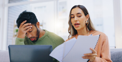 Poster - Couple, bills and stress in home for debt, poor budget and financial mistake of mortgage loan, taxes or rent. Frustrated man, woman and finance documents at laptop for bankruptcy, inflation or crisis