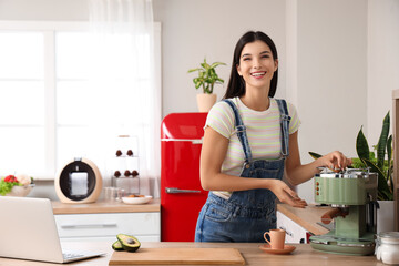 Sticker - Young woman with coffee machine in kitchen