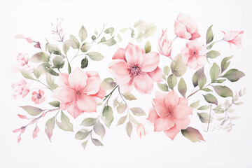 Wall Mural - Beautiful watercolor painting of pink flowers and leaves on a white background, Generative AI