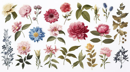 Wall Mural - Beautiful flowers and leaves on a white background, Generative AI
