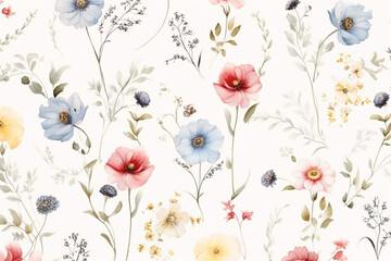 Wall Mural - Seamless floral pattern with flowers and leaves on a white background, Generative AI
