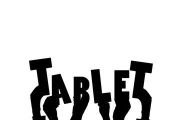 Poster - Digital png illustration of hands with tablet text on transparent background