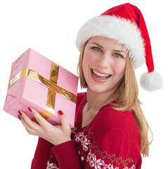 Poster - Digital png photo of caucasian woman with christmas hat and present on transparent background