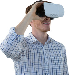 Poster - Digital png photo of caucasian man using vr headset on transparent background