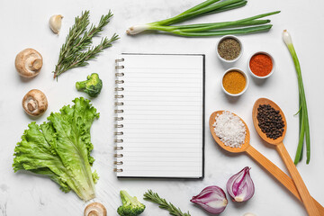 Poster - Composition with blank recipe book, fresh herbs and spices on light background