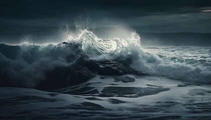 Poster - Breaking waves spray and crash on dark coastline, awe inspiring beauty generated by AI