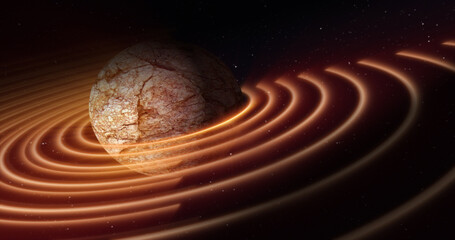 Wall Mural - abstract yellow brown space planet with a round asteroid belt ring futuristic hi-tech on the backgro
