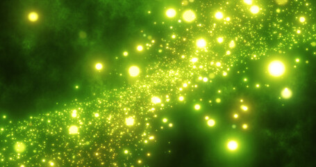 Poster - Abstract green energy particles and waves magical bright glowing futuristic hi-tech with blur effect and bokeh background